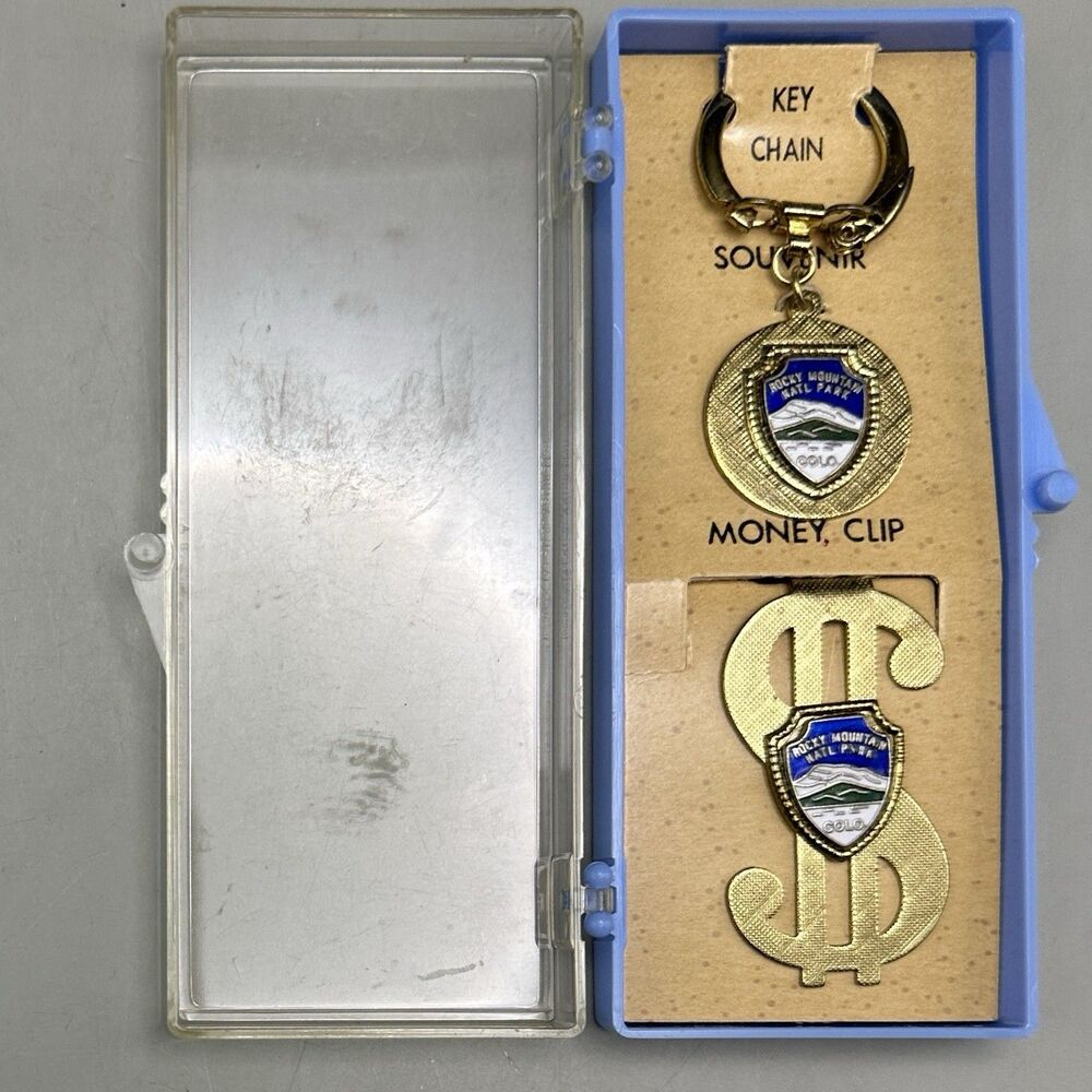 VTG Rocky Mountain National Park Souvenir Money Clip Keychain Set Orig Box Japan